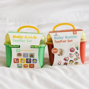 11pcs baby rattle and teether set in green and red carry boxes