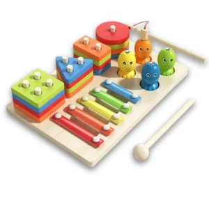 3-in-1 wooden column set with shape stacker, xylophone and fishing game