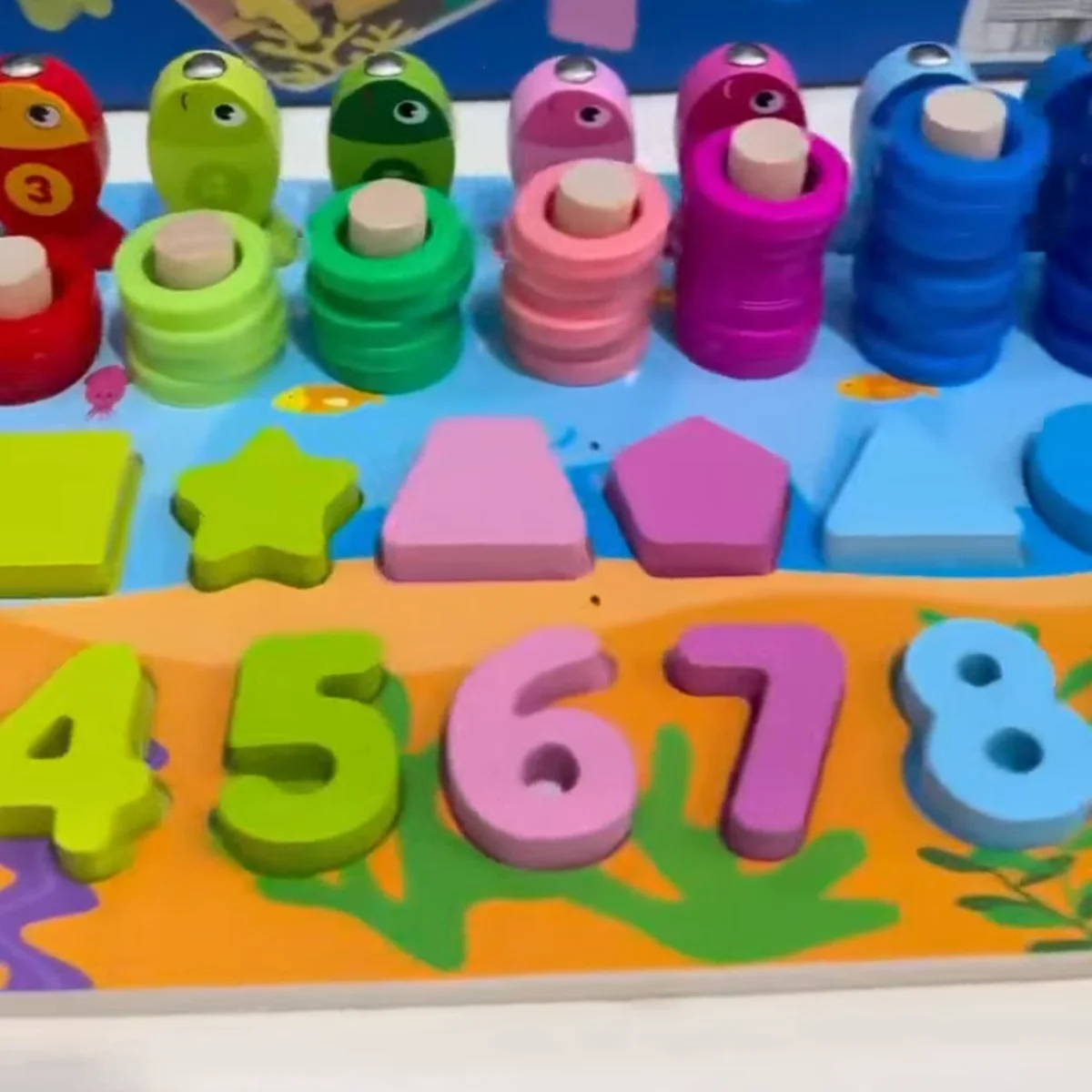 6 in 1 Montessori Wooden Learning Board fishing numbers shapes