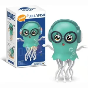 Dancing jellyfish toy with headphones and glasses next to its gift box