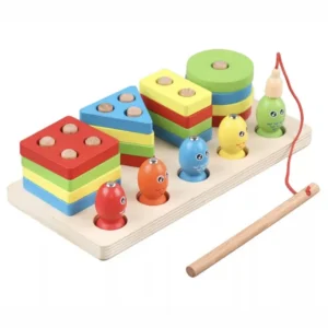 Wooden shape stacker and fishing game with 4 posts and 5 fish