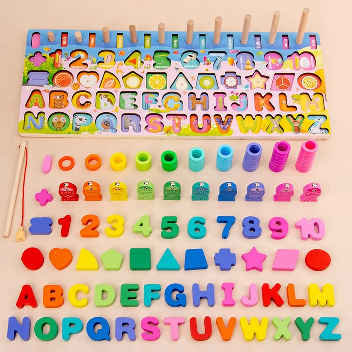 Learning Board all pieces letters numbers shapes fish rings