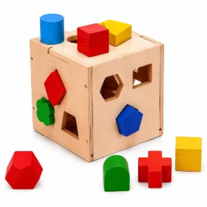Wooden shape sorter cube with colourful wooden shapes